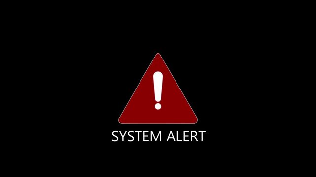 Red triangle system alert symbol with exclamation mark and text 4k animation video  on black color background .