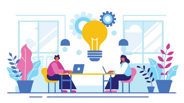 Vibrant 3d flat illustration of teamwork and creativity with two people working on laptops