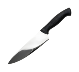 Sharp kitchen knife with black handle isolated on transparent background