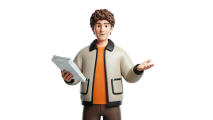 3D Cartoon Man Holding Stack of Papers with Open Hand