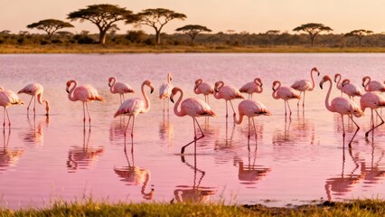 Obraz premium Numerous pink flamingos wading through rosy water reflecting the pale golden hour light across the African savanna landscape.