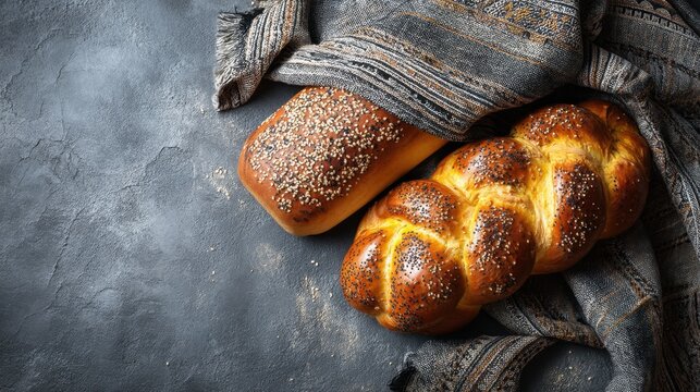 Two loaves of bread, one with sesame seeds, sit on a tablecloth. The bread is arranged in a way that makes it look inviting and delicious - Powered by Adobe