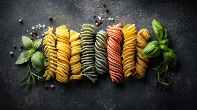 Various types of pasta are lined up on a dark surface. Green basil leaves and herbs are placed next to the pasta creating a colorful display. The setup highlights different pasta shapes and colors.