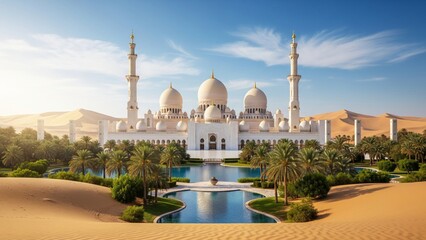 Majestic White Islamic Mosque in a Desert Oasis with Palm Trees and Sand Dunes