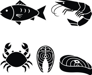 A collection of black silhouette icons representing various types of fresh seafood and fish products