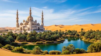 Beautiful Grand Mosque with Reflection in Oasis Water Surrounded by Golden Desert Dunes