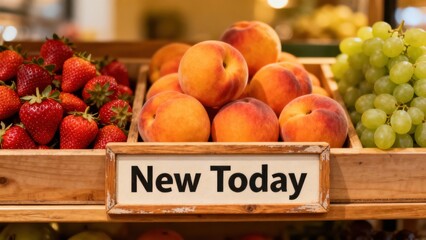 Brightly lit display of ripe red strawberries, orange peaches, and green grapes showcased beneath a 'New Today' wooden sign.