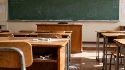Traditional classroom interior featuring wooden student desks scattered with white chalk dust and a large green blackboard.