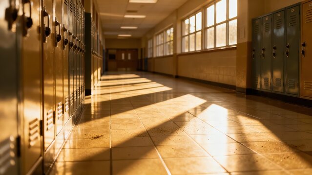 Long school corridor lined with metal storage lockers receiving golden hour sunlight casting dramatic shadows across the tiled floor. - Powered by Adobe