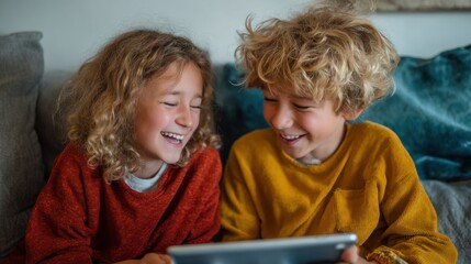 Two children are sitting on a couch and are laughing together while looking at a tablet. They seem to be sharing a joyful moment and are smiling broadly.