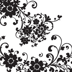Elegant floral pattern with black flowers and swirling vines on white