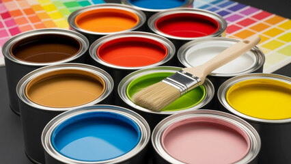 A top-down view of multiple open paint cans in vibrant colors, with a paintbrush resting in a can of green paint, and a color palette in the background