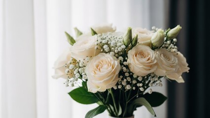 Obraz premium Cream roses and baby's breath form a delicate bouquet, with soft light