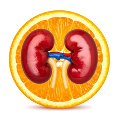 Bright halved orange showcasing a pair of realistic, red kidneys; white background casting light shadow