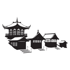 Fototapeta premium Serene snowy village with traditional black buildings and snow-covered roofs