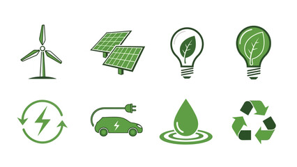 Green Energy Icons: Wind Turbine, Solar Panels, Lightbulb, EV Car, Water Drop, Recycle