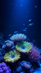 Bioluminescent coral reef at night glowing neon underwater ecosystem deep sea marine life fantasy ocean habitat vibrant colors
