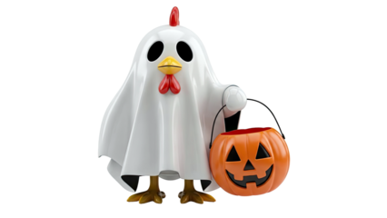 Chicken in Ghost Costume Holding a Jack-o'-Lantern