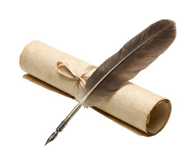 Vintage quill pen and parchment scroll tied with ribbon isolated on transparent background