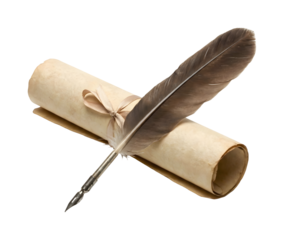 Vintage quill pen and parchment scroll tied with ribbon isolated on transparent background