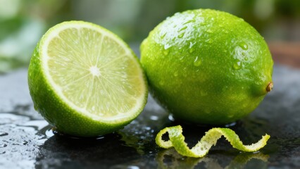 Whole wet lime fruit placed beside a sliced half lime and coiled zest strip on a dark slate surface.