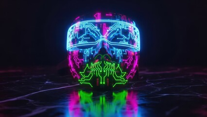 Cybernetic skull with neon circuits and glowing design