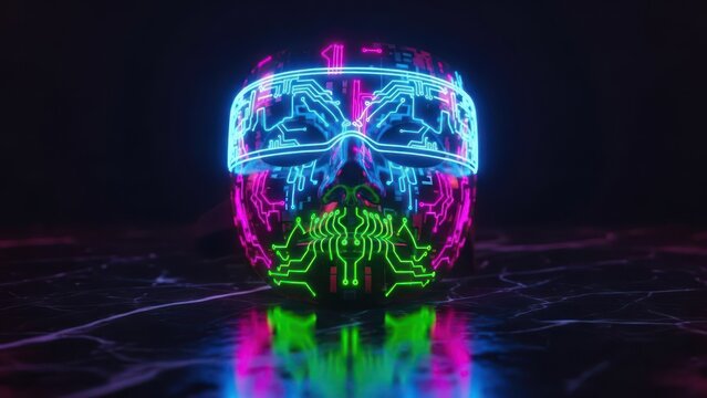 Cybernetic skull with neon circuits and glowing design - Powered by Adobe