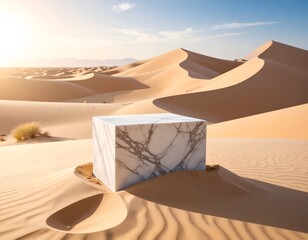 Marble cube atop sand, amidst desert dunes under a bright, sunny sky