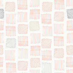 Hatched and crosshatched squares forming a minimalist geometrical pattern of paddy fields in colors of peach, cream and gray on off white. Abstract seamless vector pattern. Great for home decor, gifts