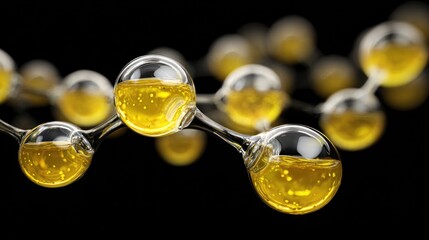Close-up of connected glass spheres filled with golden liquid against a black background