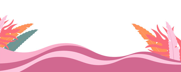 Cute background featuring soft pink wavy stripes and flat design flowers with green leaves. Ideal for feminine designs, invitations, or presentation slides. vector Eps 10