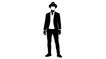 Silhouette of man in suit and hat, standing, isolated on white background