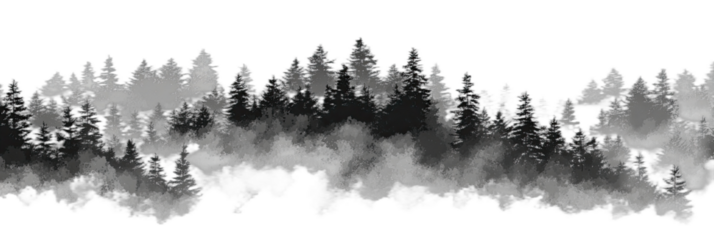 Misty evergreen forest silhouette against a dark background