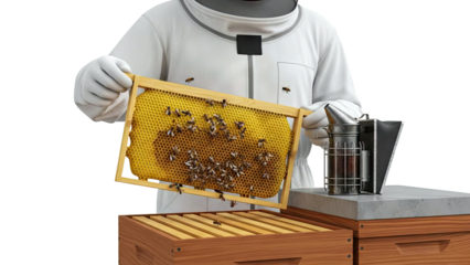 Beekeeper inspecting a honeycomb frame with bees