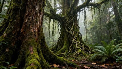 Dense green moss covers the ancient tree trunks and exposed roots winding through the dark, misty jungle floor surrounded by ferns.