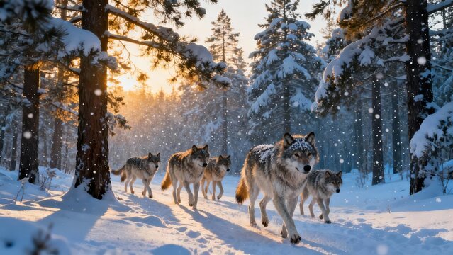 Grey wolf pack traversing deep snow in a coniferous forest during golden hour with heavy snow falling.