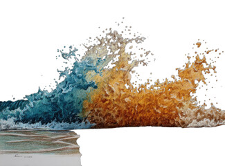 Dynamic ocean wave breaking with foamy spray against a dark backdrop