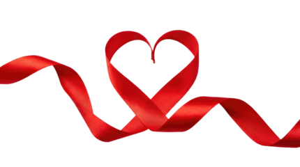 Red ribbon shaped into a heart with flowing ends creating a romantic and elegant design png with transparency