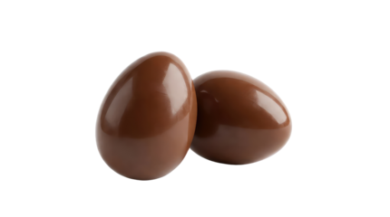 Two smooth chocolate eggs positioned closely together on a white background alpha channel with white background