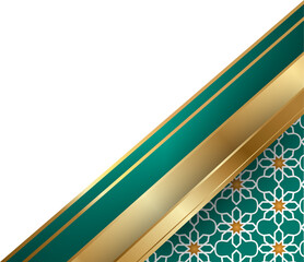 Elegant Islamic geometric pattern background with gold lines and emerald green. Arabic ornamental corner design for luxury events.