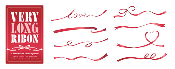 Fototapeta na wymiar バレンタインの赤いハート型フレームや波打つ曲線の帯リボンがループする線のデザイン、LOVEのリボンセット