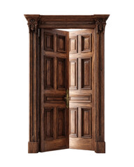 Ornate wooden double doors, partially ajar, revealing light