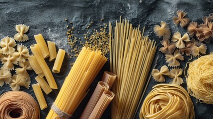 Various types of pasta are laid out on a dark surface. Shapes such as bowtie spaghetti and fettuccine are clearly visible. This setup is meant for cooking or preparation.