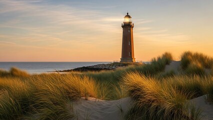 Vintage Brick Lighthouse by Calm Sea at Golden Hour with Warm Pastel Sky and Glowing Light Beam