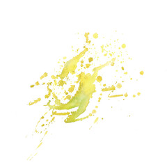 Avocado green yellow oil juice splashing. Watercolor stains and splashes hand drawn bright coloured isolated from background illustration for design of products, juices, beverages, cosmetics, and menu