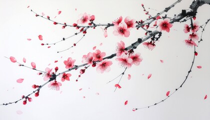 Obraz premium 墨絵風に舞う日本の桜吹雪の背景