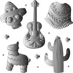 Black-and-white Mexican heritage icons: sombrero skull, ornate guitar, pi&ntilde;ata, cactus, and festive poncho eps file 