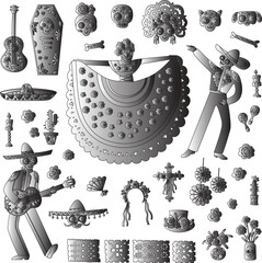 Black-and-white D&iacute;a de los Muertos celebration with skeleton mariachi band and folkloric dancer, surrounded by marigolds, papel picado, and symbolic items like candles and crosses eps file 