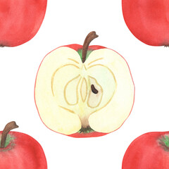 Illustration of an apple, slice, and half, hand-drawn watercolor fruit seamless pattern. Ripe realistic seasonal fruit.