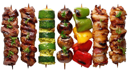 Grilled skewers with meat, colorful vegetables, and mushrooms